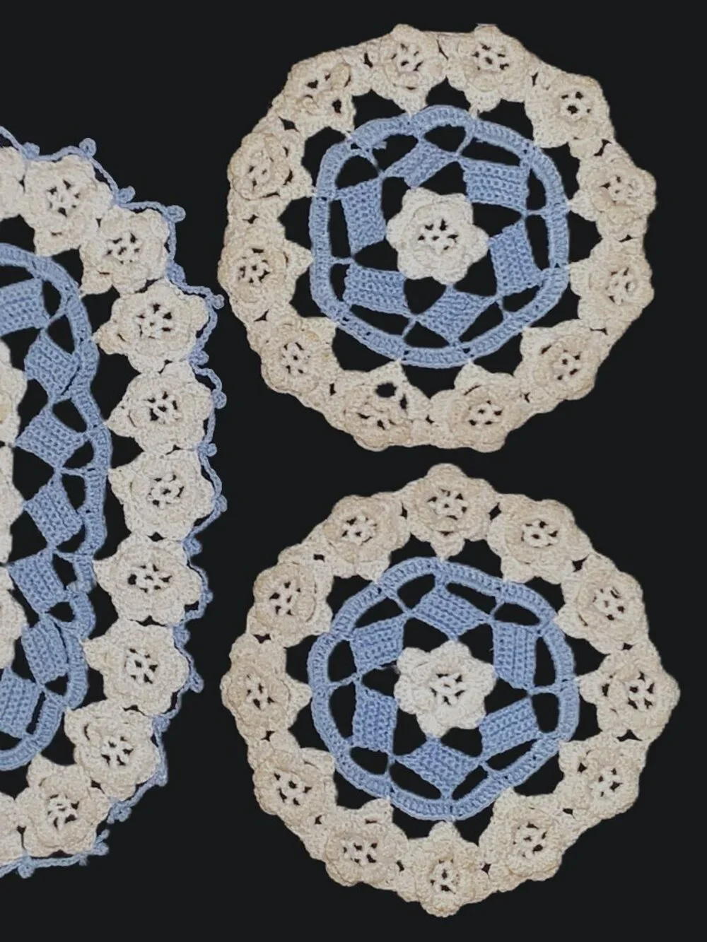 MCM Doilies Crocheted Blue & White Chair Accent Set Yellow w Glass Beads 18” Vtg